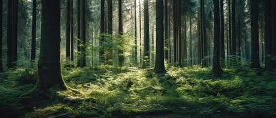 Obraz premium Silent Forest in spring with beautiful bright sun rays. Generative AI