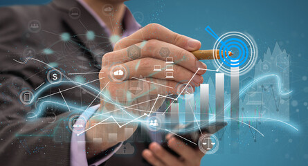 Money businessman touch virtual screen screen displaying a crypto currency featuring stock tickers or graphs. Stock trading platform concept. professional financial. Stock market data candlesticks.