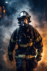 Fototapeta premium Heroic firefighter wearing oxygen mask in smoke and blaze.