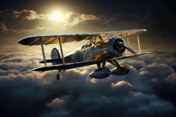 An old plane from the early nineteenth century flies over the clouds in the moonlight or sunlight.