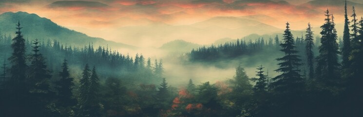 Misty mountain landscape. Moody forest landscape with fog and mist. Generative AI