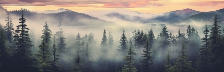 Fototapeta premium Misty mountain landscape. Moody forest landscape with fog and mist. Generative AI