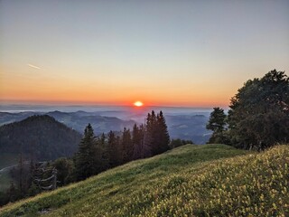 Sunset mood on the Schneelhorn. Highest point in the canton of Zurich. spring mood, Wanderlust. High quality photo