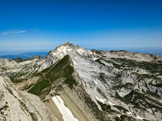 Climbing on the Altma Altmann in the Alpstein Appenzell area. Fantastic mountain panorama. Wanderlust Switzerland. Fahlensee lake. Faelensee. High quality photo