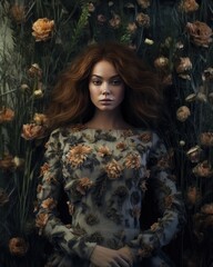 Stunning female model in a floral pattern dress surrounded by dry autumn flowers. Fall season muted colors. AI generated image
