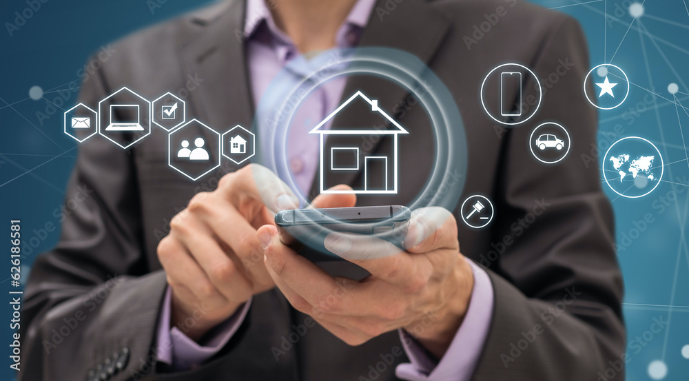Poster view of a home button of a technology interface surrounded by application - technology app concept