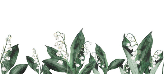 Watercolor banner with spring lilies of the valley branches. Illustration isolated, white backgraund. Design for printing postcards, invitations to weddings, birthdays, spring and summer holidays © Ekatmart