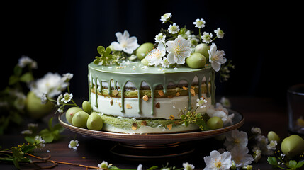 Celebratory Delicacy Scrumptious Matcha Green Tea Sponge Cake with Pastel Buttercream on a Luxurious Dark Background, Ai generative