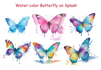Fototapeta na wymiar collection of butterflies on splash clipart isolated white background.watercolor splash butterfly png collection.Butterflies clipart set, watercolor illustration.Decoration Elements vector