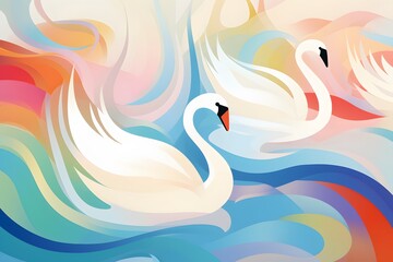 Fototapeta premium Abstract design with white swans on multicolored background. generative ai