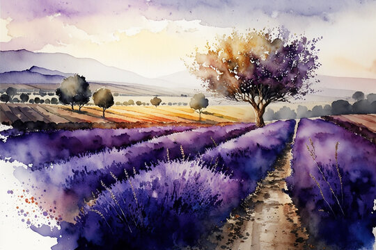Generative AI image of Watercolor painting. Beautiful lavender farm in countryside with a trees.