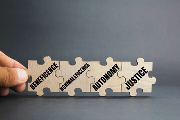wooden puzzle with the words The 4 main ethical principles. beneficence, nonmaleficence, autonomy...