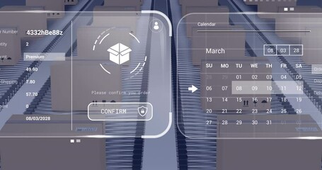 Animation of data processing on screens over cardboard boxes on conveyor belts - Powered by Adobe