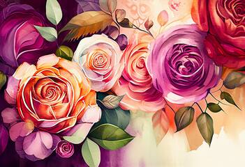 Beautiful roses watercolor painting. Generative AI image.