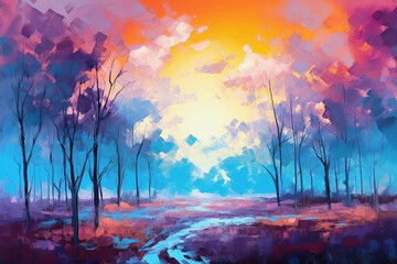 Forest in autumn at sunset time, abstract oil painting style, Generative AI