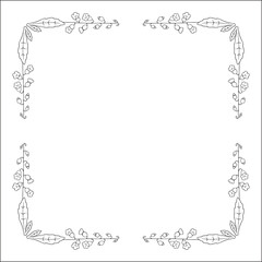 Black and white vegetal ornamental frame with wild flowers, decorative border, corners for greeting cards, banners, business cards, invitations, menus. Isolated vector illustration.