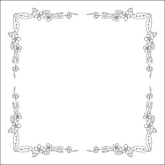 Black and white vegetal ornamental frame with wild flowers, decorative border, corners for greeting cards, banners, business cards, invitations, menus. Isolated vector illustration.