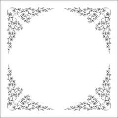 Black and white vegetal ornamental frame with leaves and flowers, decorative border, corners for greeting cards, banners, business cards, invitations, menus. Isolated vector illustration.