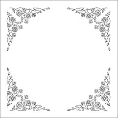 Black and white vegetal ornamental frame with leaves and flowers, decorative border, corners for greeting cards, banners, business cards, invitations, menus. Isolated vector illustration.