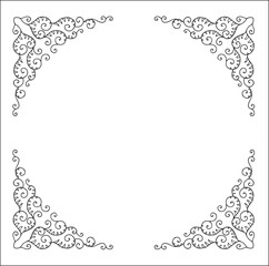 Black and white vegetal ornamental frame with leaves and flowers, decorative border, corners for greeting cards, banners, business cards, invitations, menus. Isolated vector illustration.