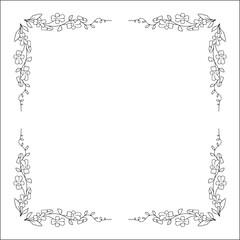 Black and white vegetal ornamental frame with wild flowers, decorative border, corners for greeting cards, banners, business cards, invitations, menus. Isolated vector illustration.