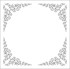 Black and white vegetal ornamental frame with leaves and flowers, decorative border, corners for greeting cards, banners, business cards, invitations, menus. Isolated vector illustration.