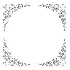 Black and white vegetal ornamental frame with leaves and flowers, decorative border, corners for greeting cards, banners, business cards, invitations, menus. Isolated vector illustration.