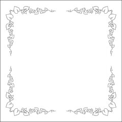 Black and white vegetal ornamental frame with wild flowers, decorative border, corners for greeting cards, banners, business cards, invitations, menus. Isolated vector illustration.