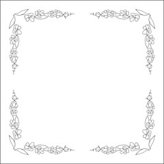 Black and white vegetal ornamental frame with wild flowers, decorative border, corners for greeting cards, banners, business cards, invitations, menus. Isolated vector illustration.