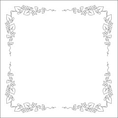 Black and white vegetal ornamental frame with wild flowers, decorative border, corners for greeting cards, banners, business cards, invitations, menus. Isolated vector illustration.