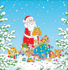 Fototapeta na wymiar Happy New Year and merry Christmas card with funny Santa Claus and his magic bag of holiday gifts surrounded by snowy fir branches on a winter forest glade, vector cartoon illustration