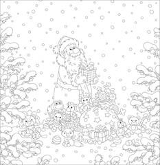 Happy New Year and merry Christmas card with funny Santa Claus and his magic bag of holiday gifts surrounded by snowy fir branches on a winter forest glade, black and white vector cartoon