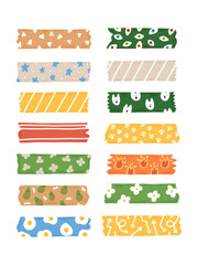 Trendy set of cute colorful washi duct tape isolated on a white background. Vector stripes and pieces of duct paper, scotch with different funny print. Bright colors