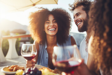 Group of happy friends dining and drinking red wine at the dinner party, Focus on wine glass