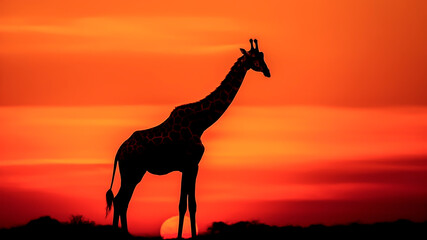 Fototapeta na wymiar Silhouette of Giraffe at Sunset. African Wildlife, Majestic Nature, Serene Safari Scene.