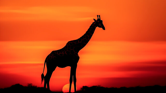 Silhouette of giraffe on sunset background.