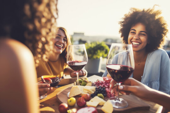 Group Of Happy Friends Dining And Drinking Red Wine At The Dinner Party, Focus On Wine Glass