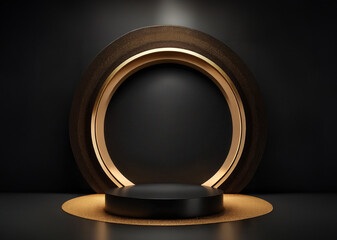 Abstract realistic 3D black and gold cylinder pedestal podium with golden glitter in circle window....