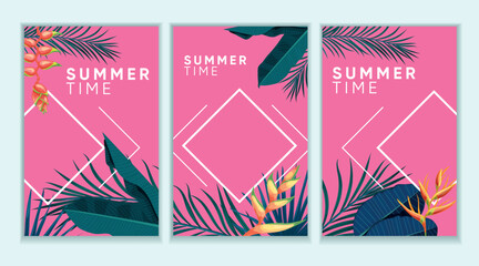 Trendy summer tropical designs templates set. Vivid pink background with various tropical forest leaves. Best for invitations, party and promotion designs. Vector illustrations.