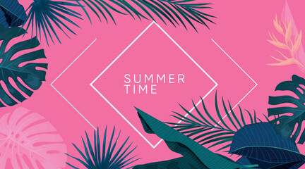 Trendy summer tropical designs template. Vivid pink background with various tropical forest leaves. Best for invitations, party and promotion designs. Vector illustrations.