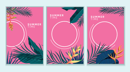 Trendy summer tropical designs templates set. Vivid pink background with various tropical forest leaves. Best for invitations, party and promotion designs. Vector illustrations.