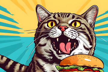 Retro pop cat eating hamburger