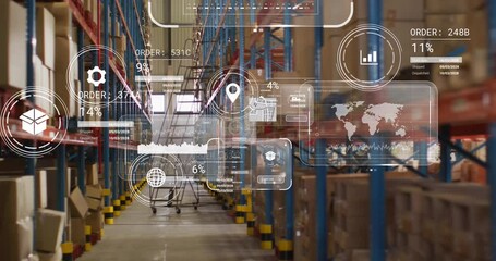 Animation of data processing on screens over warehouse - Powered by Adobe