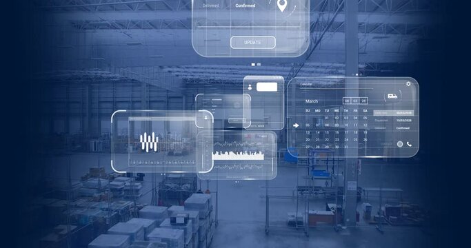 Animation of data processing on screens over warehouse