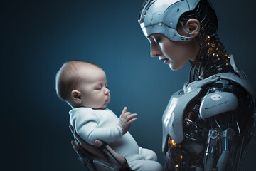Humanoid robot tenderly nurturing a little child. Robot taking care of a small infant. Ai generated