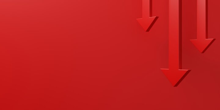 Financial crisis down 3d red arrow economy business graph on money crash market background with bankruptcy decrease bad finance chart diagram or loss investment economic recession sales and low price.