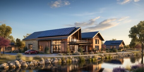 A house with solar panels on the roof next to a pond.