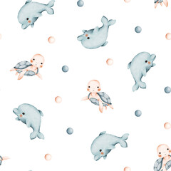 Underwater seamless baby watercolor minimalistic pattern with a cute dolphins and turtles. For fabric, textile, wrapping, card, label, brochure, flyer