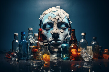 Harrowing concept of alcohol addiction, with a hauntingly artistic representation of a face crafted from a circle of alcohol bottles.Ai generated