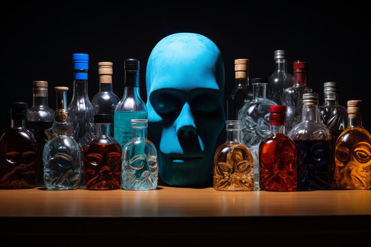 Harrowing concept of alcohol addiction, with a hauntingly artistic representation of a face crafted from a circle of alcohol bottles.Ai generated